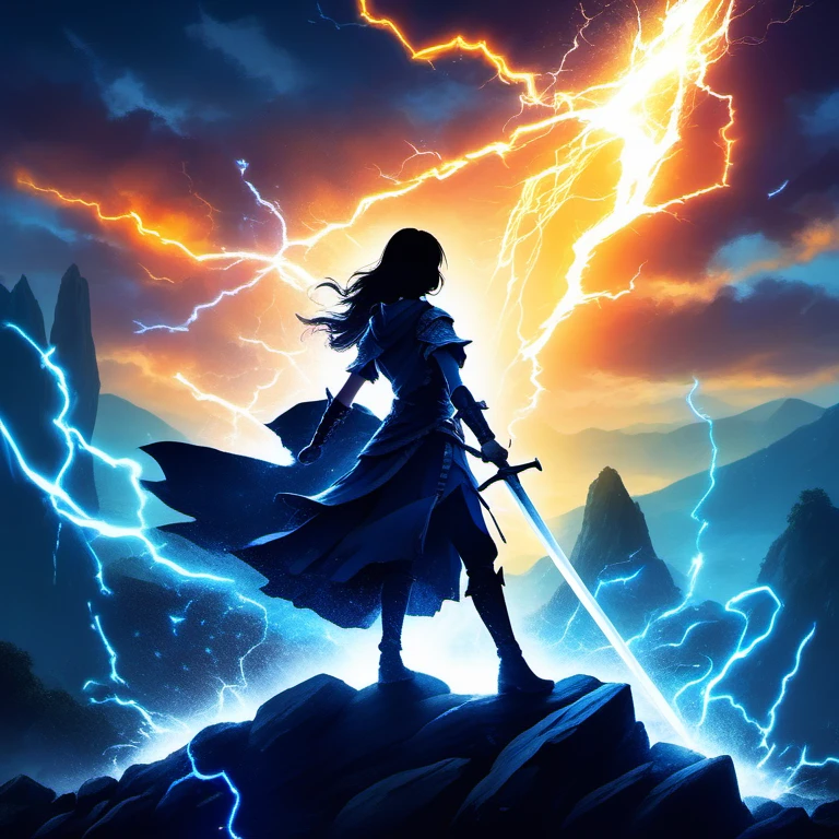 lighting_thunder, SwordInTheStone, (((masterpiece))) , (((best quality))) , anime style, 2d, Fantasy heavyset exquisite 1girl, solo, Painting a painting, gripping onto the hilt of the sword in the stone, key visual <lora:electricity:1>