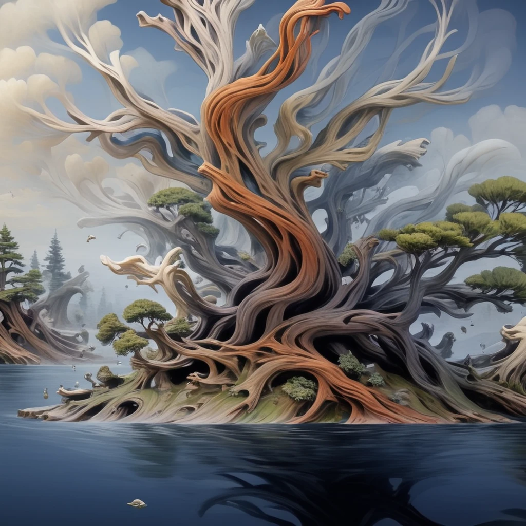 <lora:artfullyTREELUSION_SDXL_V1:1>, arttrlsn, , bonsai of an old juniper tree, beautiful cedar stand outside on the patio for the 100 year old plant, passed down from generation to generation. there is a koi jumping out of the water next to the branches that hold the mushroom tree house up