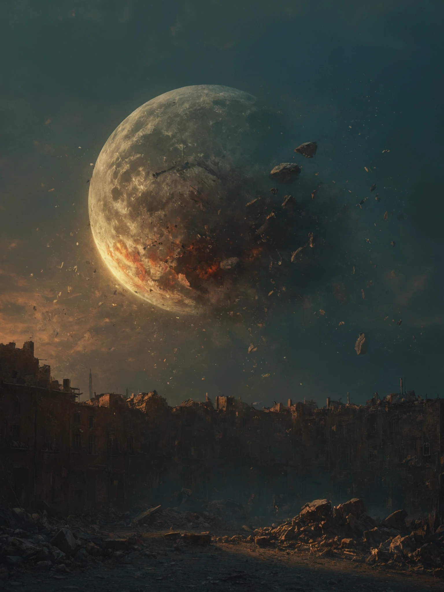 (at night), standing in a devastated and abandoned city, (apocalyptic city foreground), looking up at the sky, the shattered_moon broken by war hangs large in the night sky, <lora:Wolvie_ShatteredMoon_XLv1.1_r1:1>, <lora:MJ52:0.5>, <lora:great_lighting:1> great lighting, textured, luminism, ultra highly detailed, 32k, fantastic realism, complex background, dynamic lighting, highly detailed, intricate, precise details, (balanced center composition, :0.1),