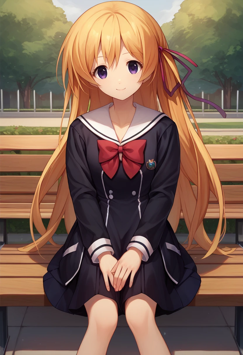 score_9, score_8_up, score_7_up, solo, 1girl, kurusu nono, smile, looking at viewer, sitting, park bench, blonde hair, hair ribbon, red ribbon, school uniform, black dress, short dress, white sailor collar, red bow, long sleeves, outdoors <lora:chaoschild_kurusu_ponyXL:1>