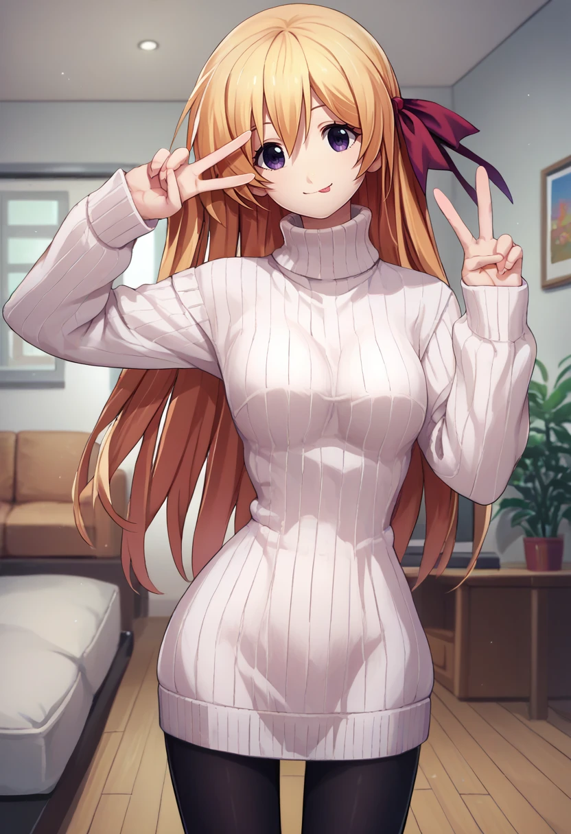 score_9, score_8_up, score_7_up, source_anime, solo, 1girl, kurusu nono, smile, tongue out, looking at viewer, standing, peace sign, blonde hair, hair ribbon, red ribbon, white sweater, sweater dress, ribbed sweater, turtleneck, black pantyhose, indoors, living room <lora:chaoschild_kurusu_ponyXL:1>
