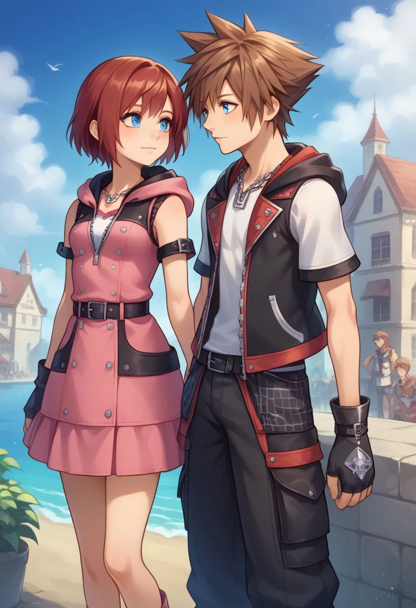 score_9, score_8_up, source_anime, highly detailed, 1girl, 1boy, upper body, 
kairi, 1girl, blue eyes, zipper, jewelry, boots, dress, necklace, short hair, red hair, pink dress, zipper pull tab, pleated dress, short dress, 
sora, fingerless gloves, 1boy, male focus, spiked hair, blue eyes, gloves, necklace, brown hair, hood, short sleeves, 
outdoor, village,