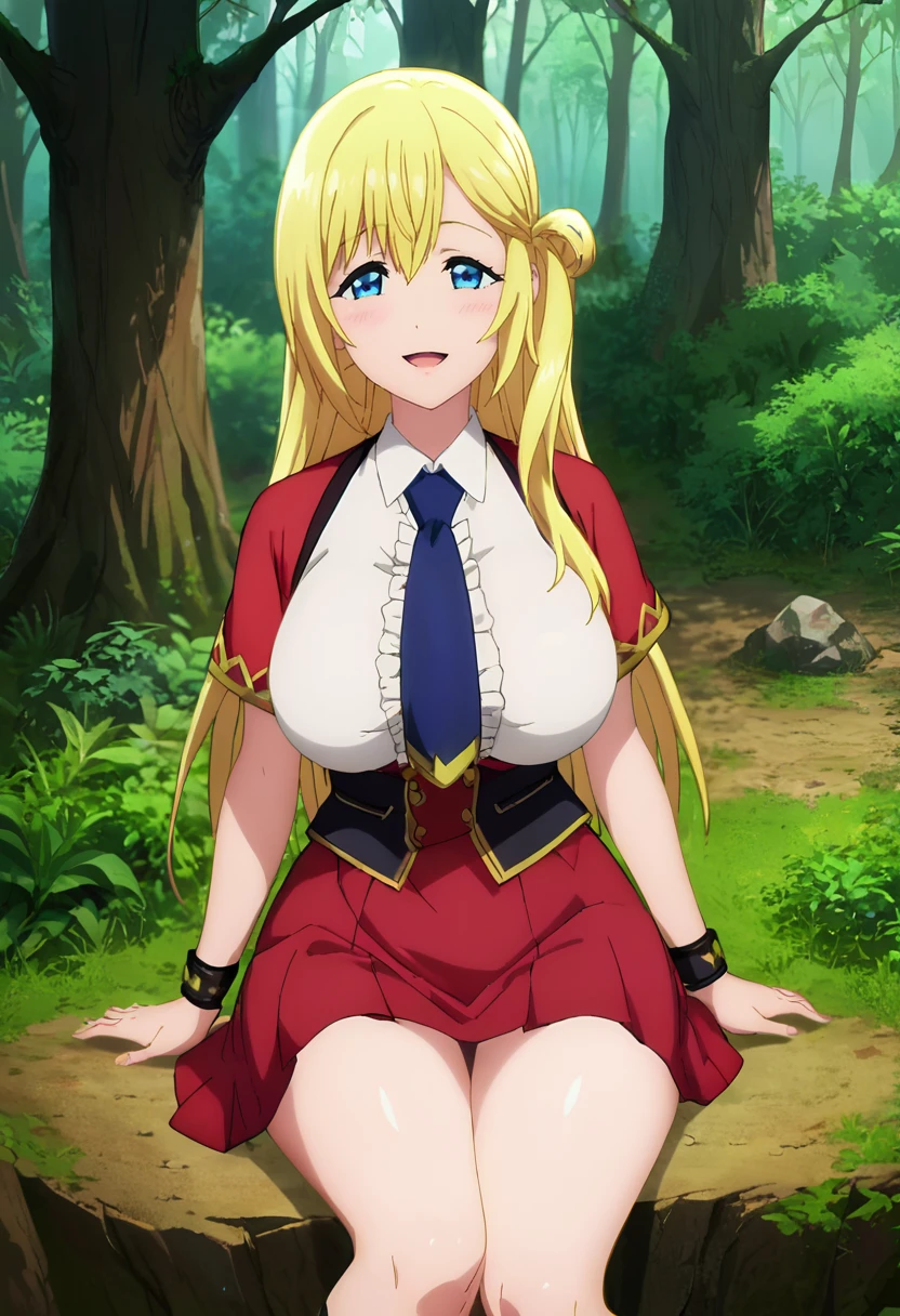 PonyXLV6_Scores ,source_anime, masterpiece,best quality, highly detailed,<lora:xl_more_art-full_v1:0.8>,cinematic,<lora:anime_screencap:1>fine anime screencap_xl, anime screencap
BREAK
<lora:enome:0.8>enome,1girl, solo, blue eyes, blonde hair, long hair, breasts, smile, looking at viewer, large breasts, open mouth,red skirt,white blush,blue necktie,red shoulders,sitting,forest,