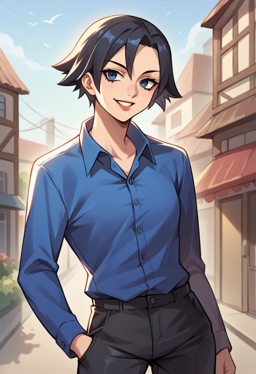 score_9, score_8_up, score_7_up, source_anime BREAK 1girl, solo, <lora:zs_AnnaXL:1> annap2, short hair, black hair, blue eyes, collared shirt, blue shirt, black pants, eye shadow, lipstick, cowboy shot, town, smile