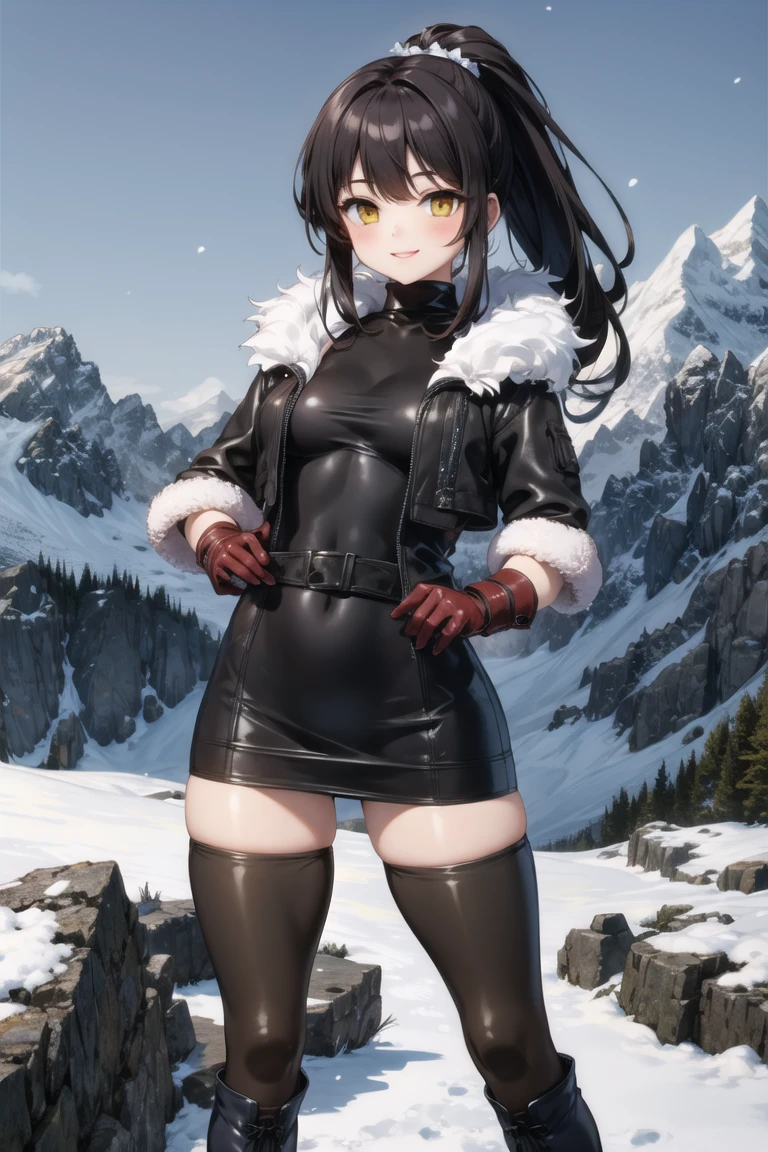 (masterpiece, best quality, beautiful and aesthetic:1.2), 1girl, solo,(soft skin:1.1),standing, cowboy shot,(detailed background), outside, snowstorm in the ice mountains, at dawn, winter clothes, (long overall coat:1.3), turtleneck sweater, (miniskirt:1.3), (long fur leggings:1.3),  (long leather boots:1.3), charming pose, seductive, smiling, yellow eyes, black hair, ponytail, (fur gloves:1.3),
<lora:hyouju_issei-10:0.7:lbw=ALL>