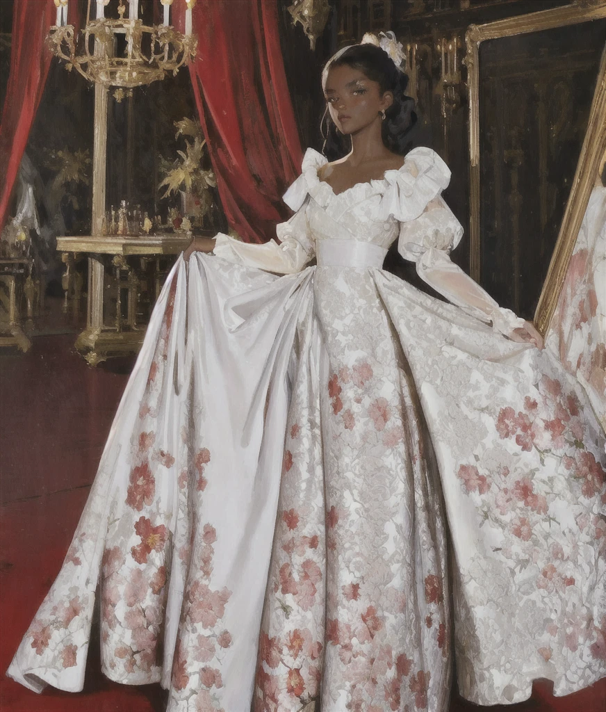 (art by Jean Marc Nattier:0.8), masterpiece, best quality, oil painting style, classical, clear light perception, (John Singer Sargent), <lora:Jacquard_Clothing:0.78> , jaqcuard, jacquard fabric, made out of jacquard, jacquard, beautiful detailed jacquard gown, white gown with red blossom pattern, dancing in a dark room, curtains, cages, dynamic, beautiful composition, rim light, 1girl, dark skin, detailed face, beautiful face,