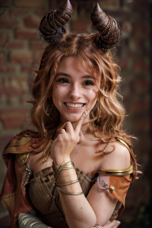 a Realistic portrait of a nixie woman with brown eyes and horns on her head, looking at the viewer, detailed face, detailed eyes, (smiling showing teeth:1.1), perfect slim body, modelshoot style, hand on own shoulder,  wearing gold earrings and jewelry, soft lighting, professional Photography, Photorealistic, detailed, standing in a dark Studio Room background, blurred background, RAW, analog, sharp focus, 8k, HD, DSLR, high quality, Fujifilm XT3, film grain, award winning, masterpiece
<lora:nixie v1.1:1>