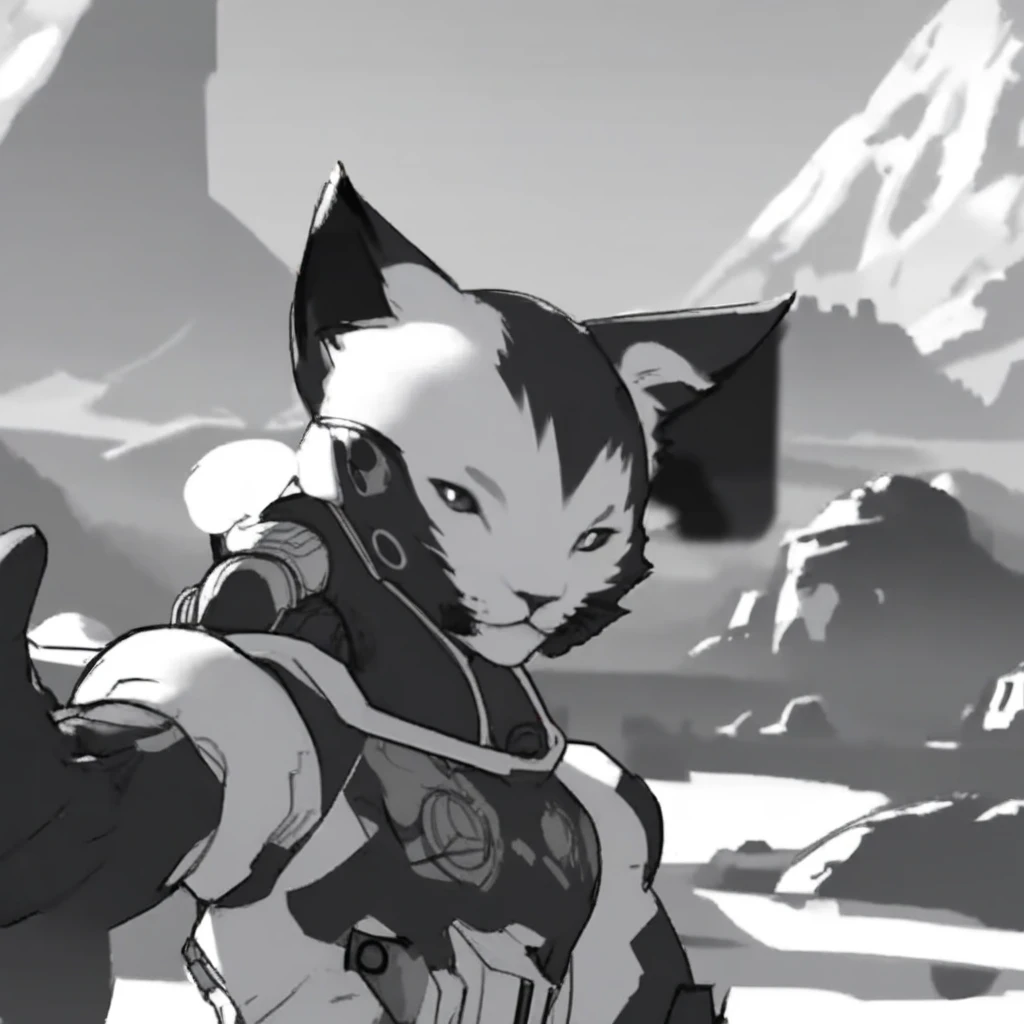 lor concept art, black and white image depicts an animated character with cat-like features, including ears and a tail. The character is standing in front of a large window that offers a view of a futuristic landscape with flying vehicles and a mountainous terrain. The character is wearing a white and orange space suit with a collar and a badge on the left side of the chest. The character's pose is confident, with one hand on their hip and the other making a peace sign. The overall style of the image is reminiscent of a science fiction setting, with vibrant colors and a dynamic composition.