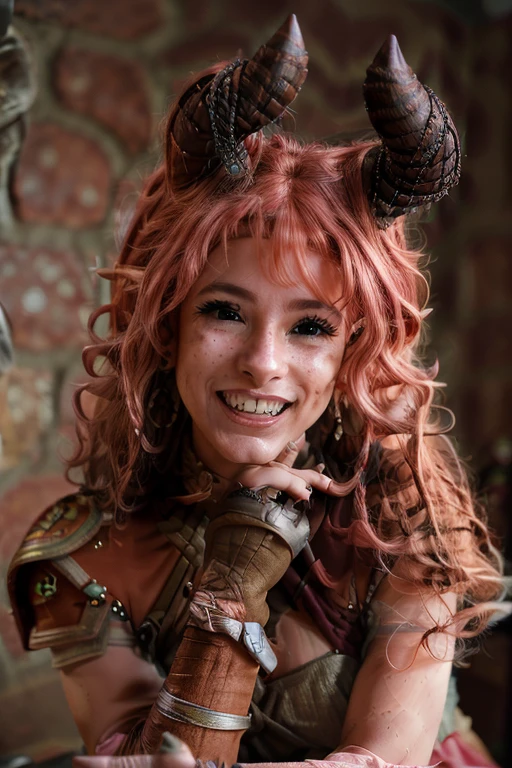 a Realistic portrait of a nixie woman with brown eyes and horns on her head and pink hair, looking at the viewer, detailed face, detailed eyes, (smiling showing teeth:1.1), perfect slim body, modelshoot style, hand on own shoulder,  wearing gold earrings and jewelry, soft lighting, professional Photography, Photorealistic, detailed, standing in a dark Studio Room background, blurred background, RAW, analog, sharp focus, 8k, HD, DSLR, high quality, Fujifilm XT3, film grain, award winning, masterpiece
<lora:nixie v1.1:1>