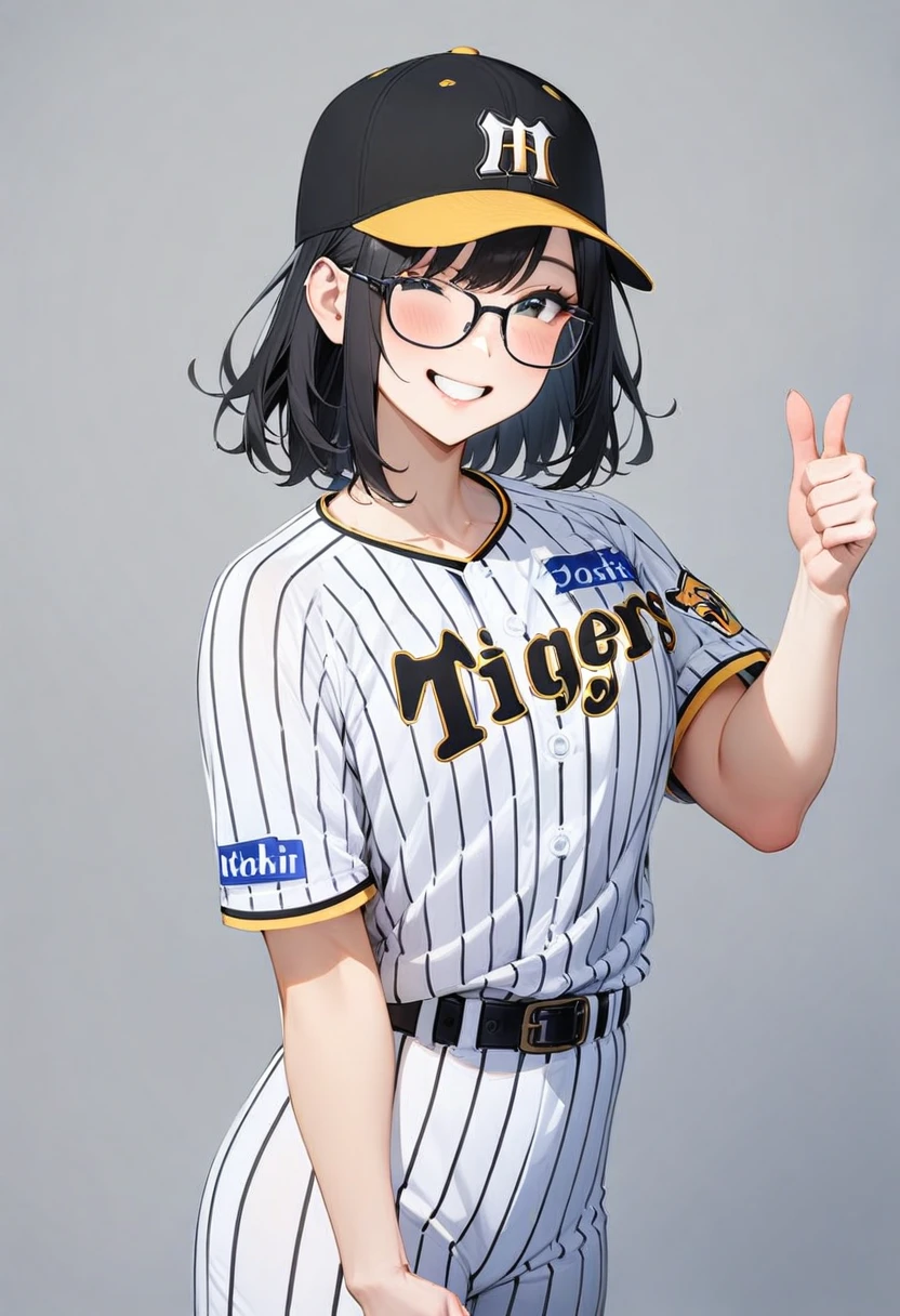 masterpiece, best quality, very aesthetic, absurdres,
1girl, solo, glasses, black hair, medium hair, happy, smile, thumbs up,
tigers_uniform, baseball uniform, sportswear, baseball cap, belt, striped pants, standing, shirt, striped,
looking at viewer, solo focus, grey background, simple background,
<lora:HanshinTigersU_SDXL_V1:1>