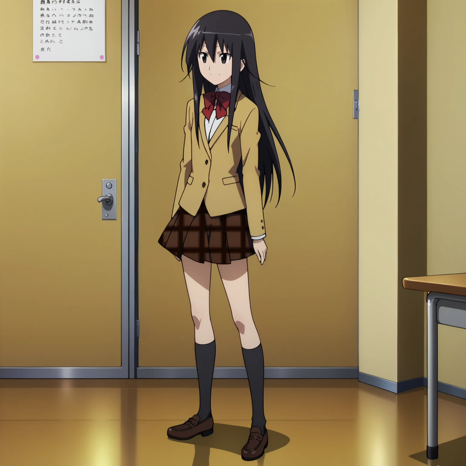 <lora:ShinoAmakusaXLpony001>,
smile,
solo,
ShinoAmakusa,1girl,black hair,long hair,black eyes,
school_uniform,bowtie,
plaid skirt,
black socks,
indoors,
full body,standing,