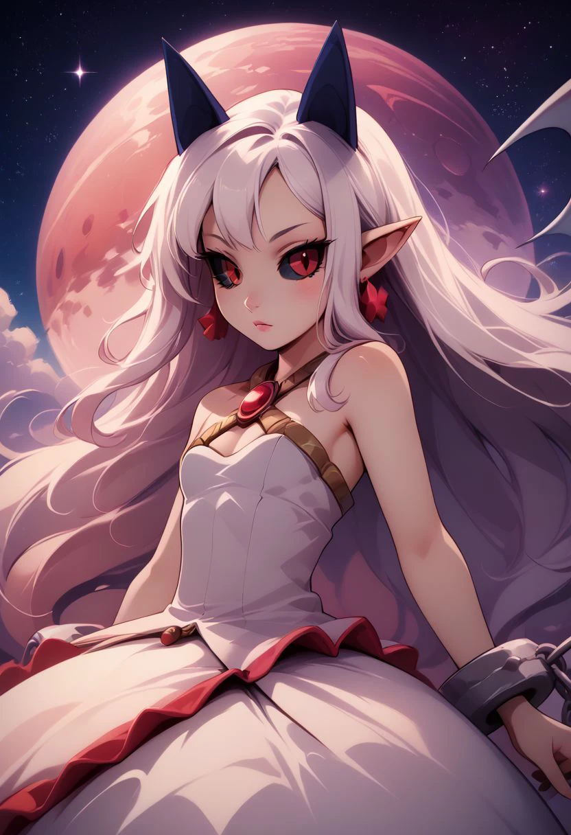 score_9, score_8_up, score_8, medium breasts, (curvy), cute, eyelashes,  rating_safe,
BREAK, 
zzPram, 1girl, solo, long white hair, horns, pointy ears, red eyes, black sclera, jewelry, dress, bubble skirt, earrings, chain, bat wings, albino, shackles, criss-cross halter,
BREAK, 
dynamic angle, stars, floating, colorful, pink, blue eyes, from side, on back, spaceship, technological,
zPDXL,