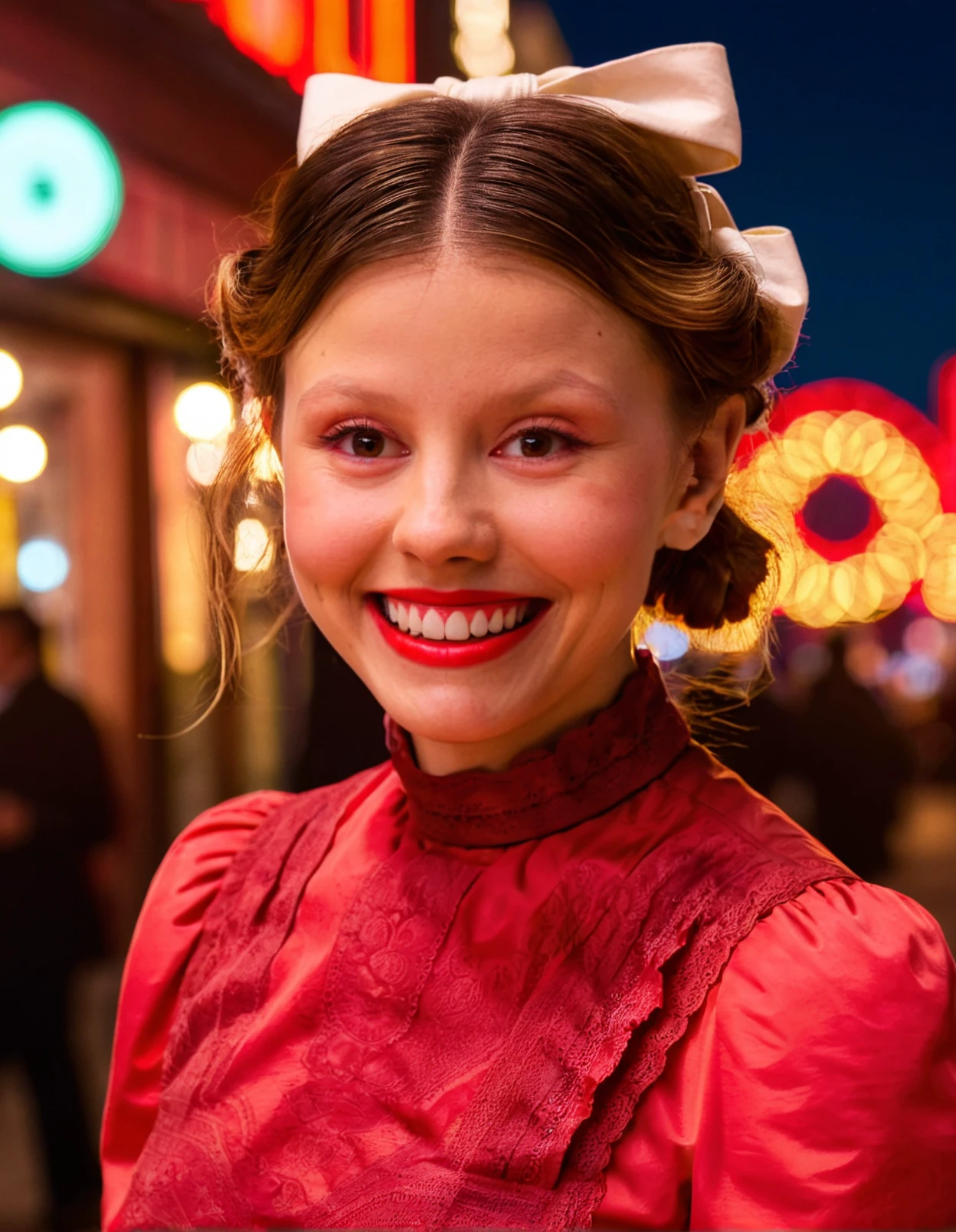 high resolution photo close-up of m1ag0th woman,hair bun tied with a bow,wearing red dress with ruffled collar,smiling,masterpiece,surreal lighting,volumetric lighting,bokeh,depth of field,cinematic,city street,neon lights