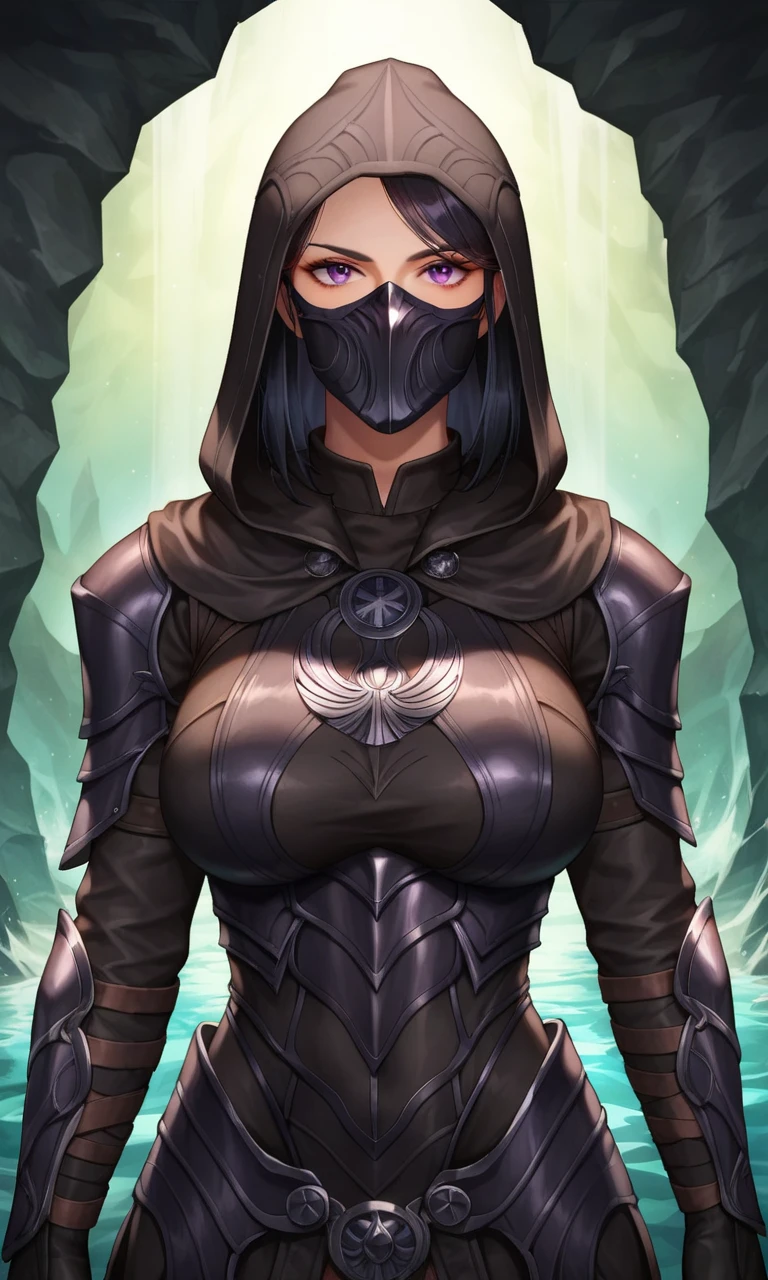 anime studio, anime artwork, anime artstyle, vibrant, score_9, score_8_up, score_7_up, source_anime, 1girl, big breasts, dark hair, emblem on chest, (full pitch black armor:1.2), (black full gloves:1.2), (fully clothed:1.2), masked face, hood, cave, secret hideout, lit by torches, relaxed pose, looking at viewer, upper body, glavakolhoza_nightingale, <lora:glavakolhoza_nightingale:0.6>