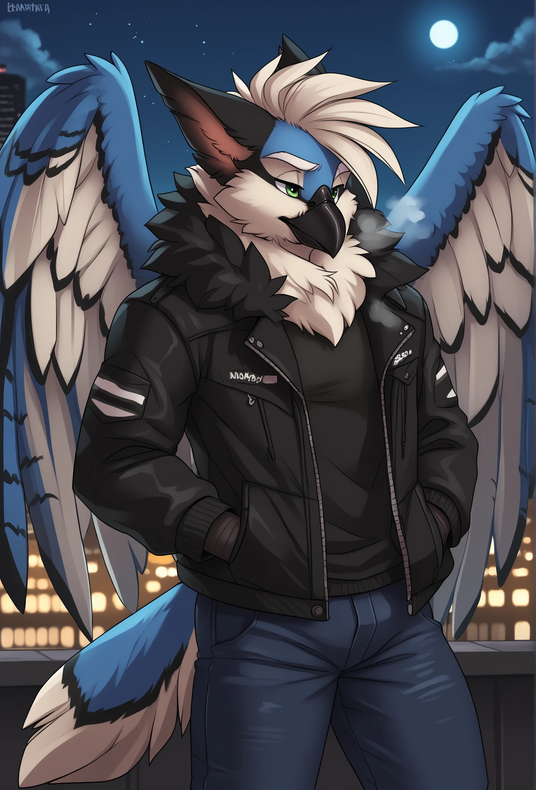 night, starry sky, cityscape,  BREAK 
<lora:rane_fluffkevlar_ponyXL_v1.2_0.99:1> rane, 1boy, solo, furry, wings, tail, beak, white eyebrows, green eyes, white hair, jacket, fur trim, breath, blue jay