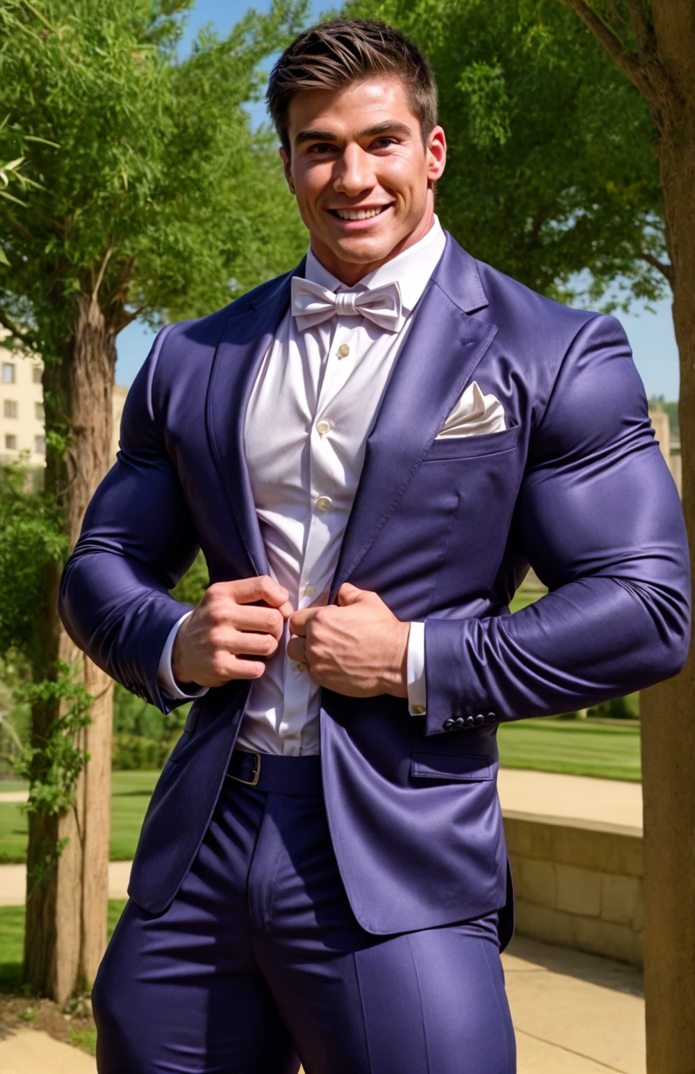 (face focus). <lora:BulkedUpAIR1.5:0.1>, (masculine:1.4), at outdoor sunny wedding, ((muscular man wearing designer formal suit)), sexy pose:1.0, confident, handsome, (((masterpiece))), (((best quality))), <lora:more_details:0.5>, (hands on waist), male, athletic, looking at viewer, smile, big pecs:1.2, <lora:MaxWheelerXXX (1):1>, MaxWheelerXXX, bodybuilder:1.0