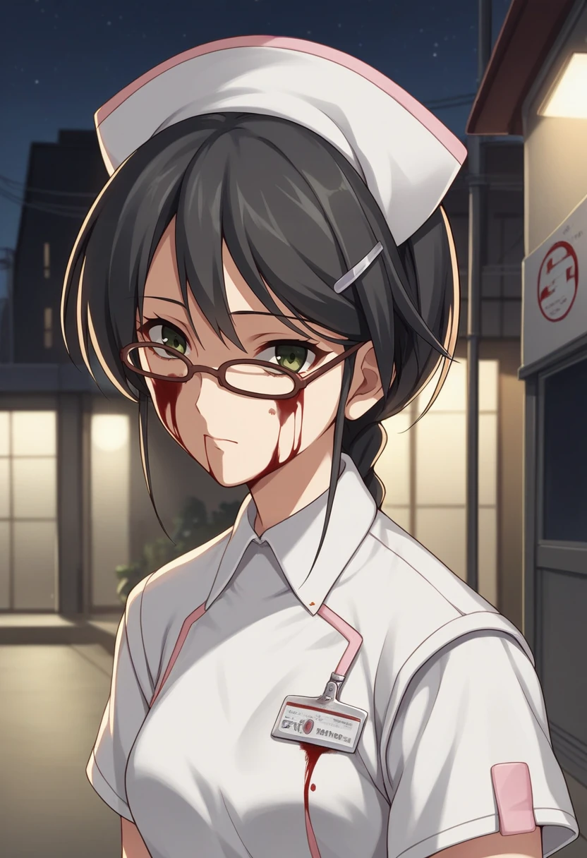 score_9, score_8_up, score_7_up, source_anime BREAK 1girl, solo, <lora:hazukishino-ch-richy-v1_pdxl:0.8> hazukishino, green eyes, black hair, hairclip braid, glasses, nurse, nurse cap, nametag, standing, street, dark, darkness, night, night sky, blood, closed mouth, shaded face, indoors, yandere. knife, blood on face, blood on clothes
