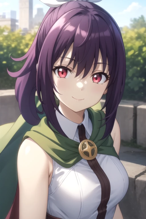 ((masterpiece)),(best quality),official art,extremely delicate and beautiful,extremely detailed CG,unity 8k wallpaper,ultra detailed,beautiful detailed eyes,extremely detailed face,outdoors,1girl,solo,upper body,(portrait:1.5),looking at viewer,facing viewer,smile,long hair,purple hair,high  ponytail,hair ribbon,hair intakes,sidelocks,hair between eyes,bangs,red eyes,green cape,white shirt,sleeveless,fingerless gloves,large breasts,denim shorts,white socks,brown footwear,<lora:Irari-V2:0.8>,