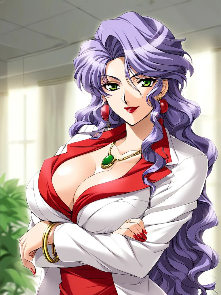 score_9, score_8_up, score_7_up, source_anime, rating_explicit, BREAK  <lora:Nonomura_Akiko_XL:1>
NonomuraAkiko,  long hair,  earrings, purple hair, lipstick,  makeup,  green eyes,  yellow eyes, jewelry, large breasts, mature female,
cleavage, necklace, nail polish, bracelet, formal, crossed arms, suit, red nails, wavy hair, smile, skirt, looking at viewer
hospital, room,