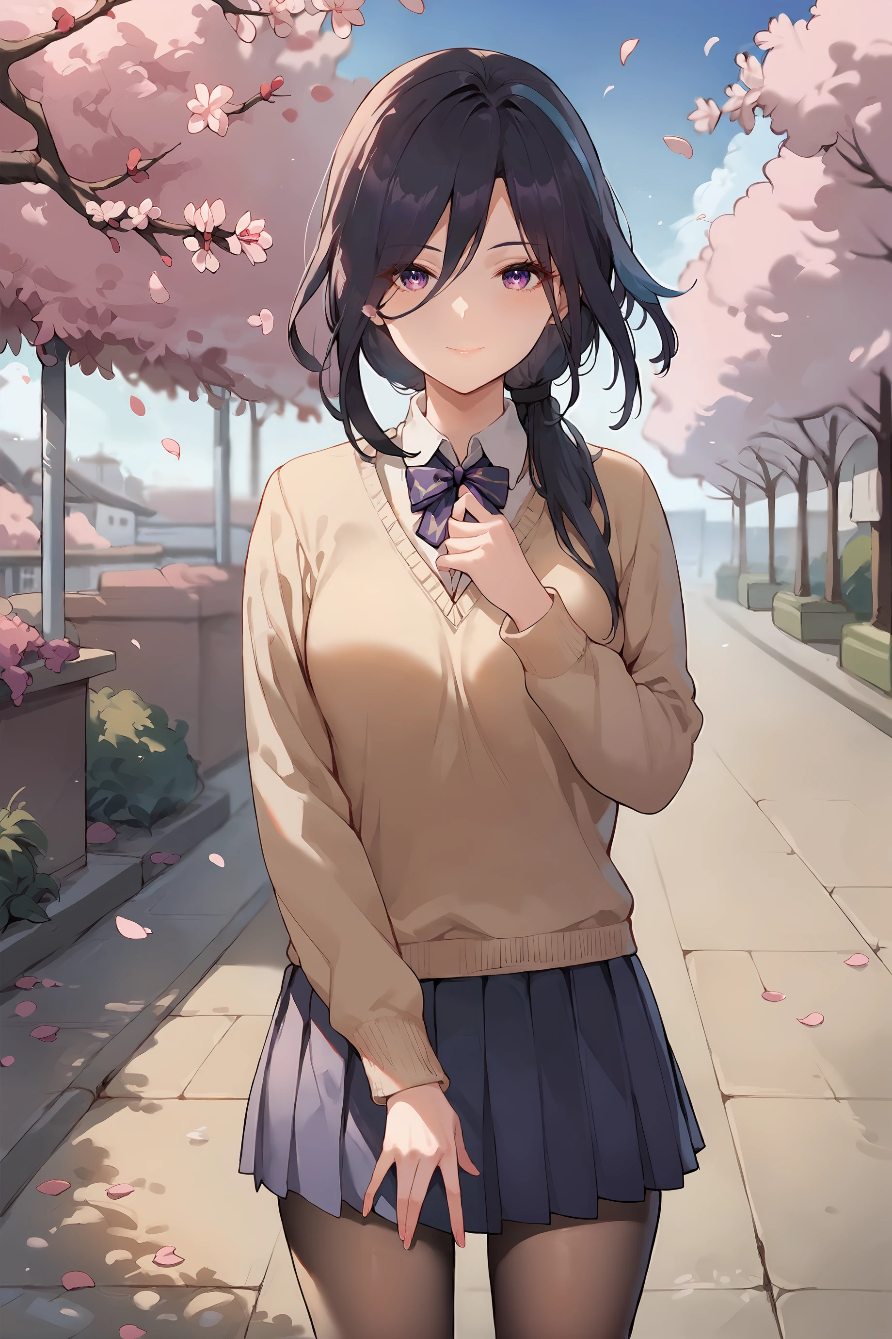 score_9, score_8_up, score_7_up, source anime, 1girl, clorinde \(genshin impact\), solo, school uniform, white collared shirt, sweater, pleated skirt, black pantyhose, light smile, looking at viewer, outdoors, street, cherry blossoms, petals, depth of field <lora:Char-Genshin-Clorinde-Pony-V1:0.9>  <lora:nora_higuma_pony_v2:0.8>