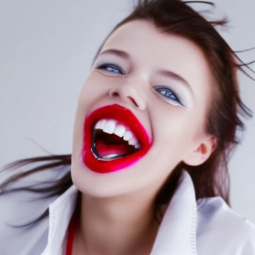 white shirt, blue eyes, smile, open mouth, red lips, teeth, 1girl, makeup, parted lips, messy hair