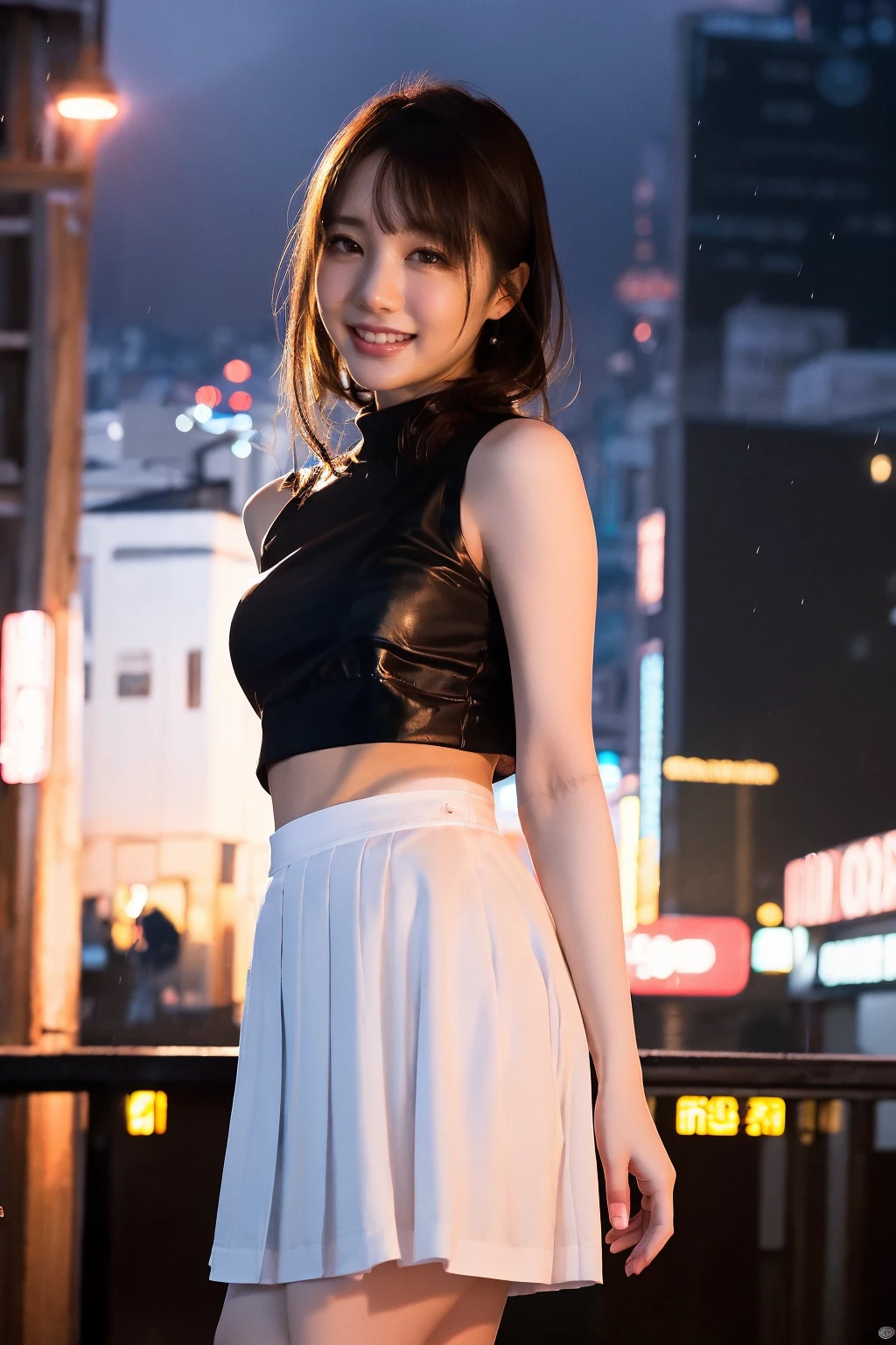 <lora:airi321:1>,masterpiece,best quality,1girl,solo,realistic,smile,photorealistic,ultra detailed,looking to the viewer,upper body,airi suzumura,crop top,pleated skirt,cityscape,neon lights,rain,night sky,thighs,brown hair,City, nighttime, vibrant, dynamic, illuminated, cosmopolitan,Golden hour,