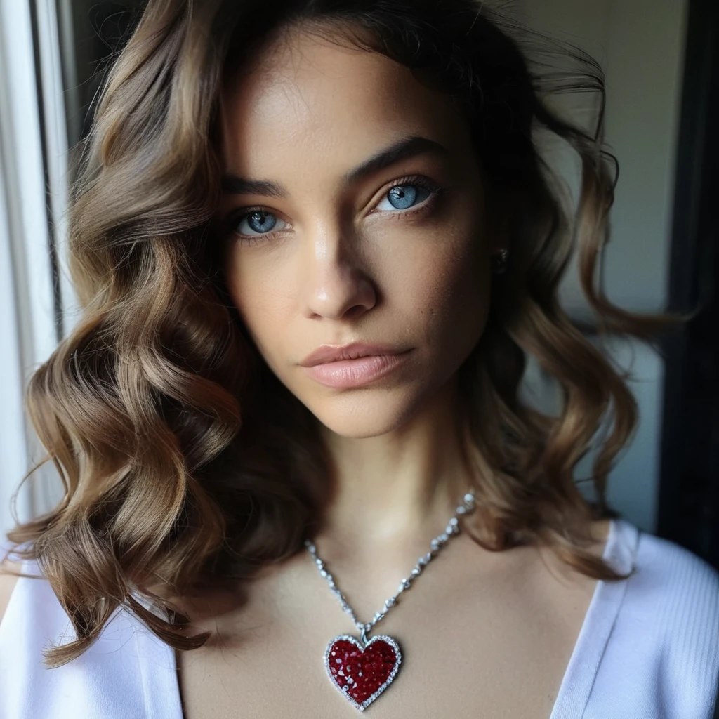 Dimly lit, Looking straight at the camera, Film grain, skin texture, Instagram closeup selfie of a woman with wavy hair wearing a heart necklace,lips, f/1.8, clear lipgloss, brxpalvin, <lora:barpalvin_juggerX_xl_1_wocap_merger_84_91_06_04-brxpalvin:1>