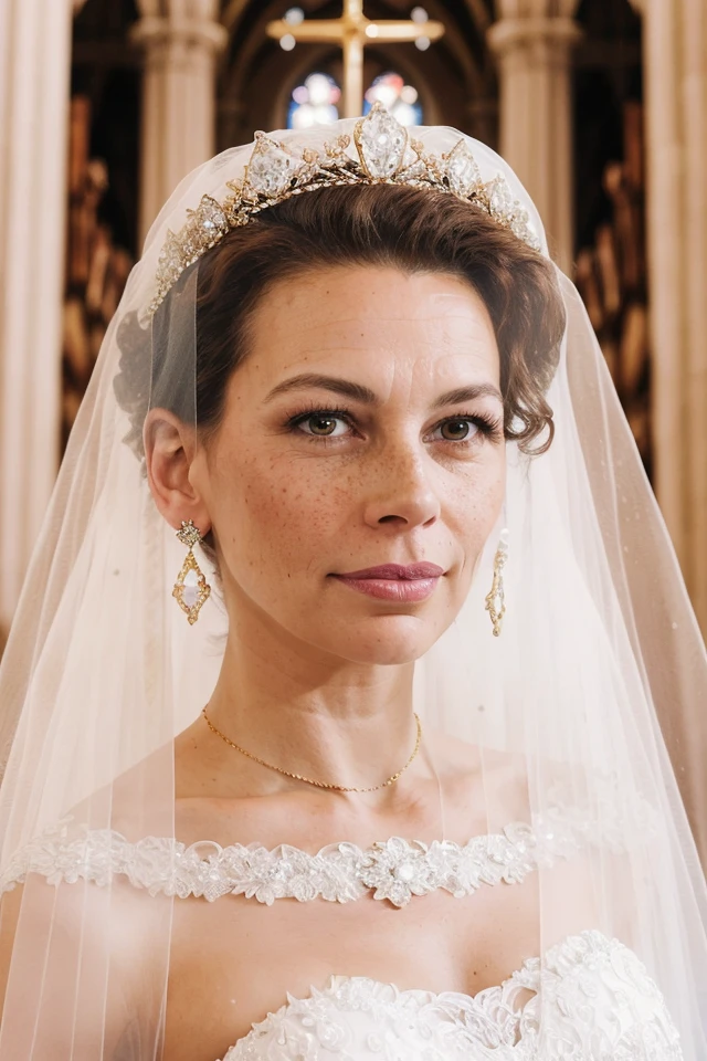 donna_langley, woman, young, bride, white wedding dress, big diamond tiara, veil, perfect brown hair, diamond embroidery, portrait, gold jewelry, diamond earrings, looking at viewer, beautiful face, perfect brown eyes, pouty pink lips, perfect skin, few freckles, best quality, indoors, cathedral, church, soft lighting <lora:donna_langley_512p_nocap_16i_8r_12e_64d_32a:0.5>