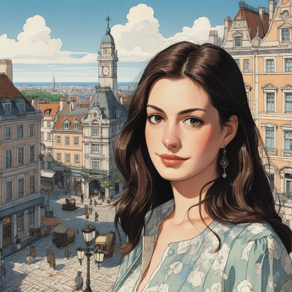Studio ghibli style illustration of the face of a woman looking at the viewer with a victorian city square in the background, anxhthway, <lora:anhathaway_juggerX_xl_1_standard_wocap_merger_56prev_51_72_04_03_03-anxhthway:1.0>