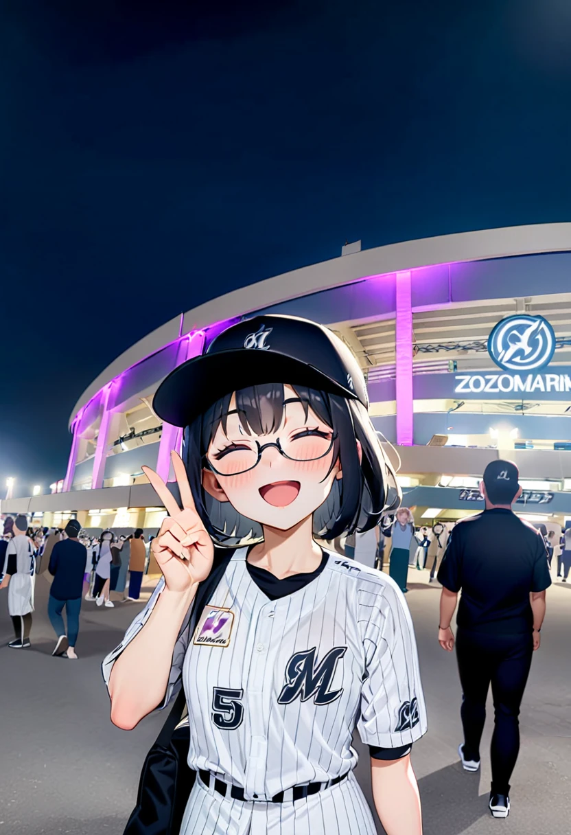 masterpiece, best quality, very aesthetic, absurdres,
1girl, glasses, black hair, medium hair, chibalotteU, baseball uniform, baseball cap, skirt, bag, happy, smile, closed eyes, open mouth, v, looking at viewer, 
marine_stadium, storefront, night, real world location, crowd, people, 6+boys, walking, scenery, outdoors, building, neon lights, night sky, sign
 <lora:marine_stadium_SDXL_V1:1> <lora:ChibaLotteMarinesUniformH_SDXL_V1:1>