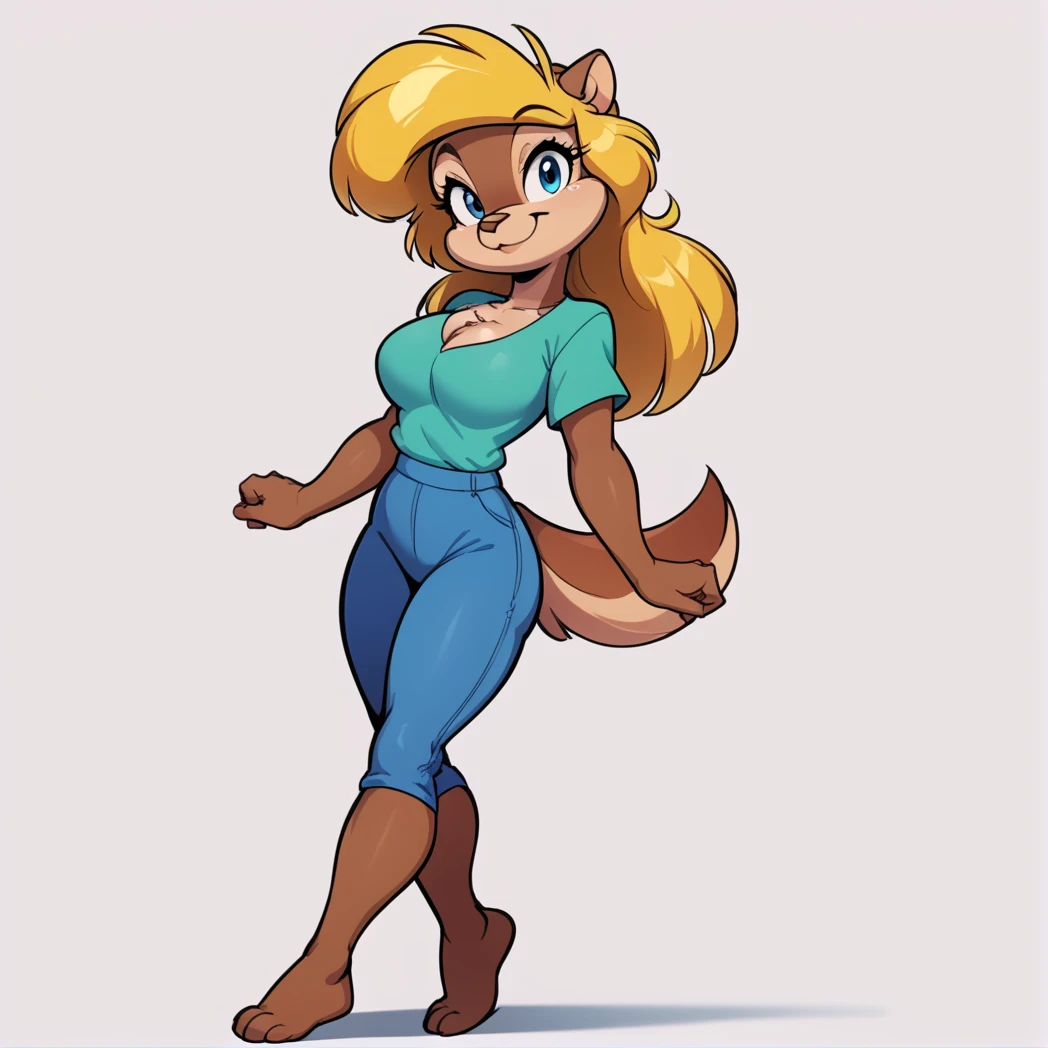 score_9, score_8_up, score_7_up, score_6_up, score_5_up, score_4_up, (Source furry), <lora:Amy_Squirrel (2):0.8>, 1girl, solo, breasts, looking at viewer, smile, blue eyes, simple background, shirt, white background, animal ears, cleavage, medium breasts, closed mouth, standing, tail, full body, barefoot, furry, walking, blue pants, green shirt, animal nose, snout, amy squirrel , blonde hair, long hair, two tone fur, brown fur, furry female, body fur <lora:CitronAnimeTreasure:1>