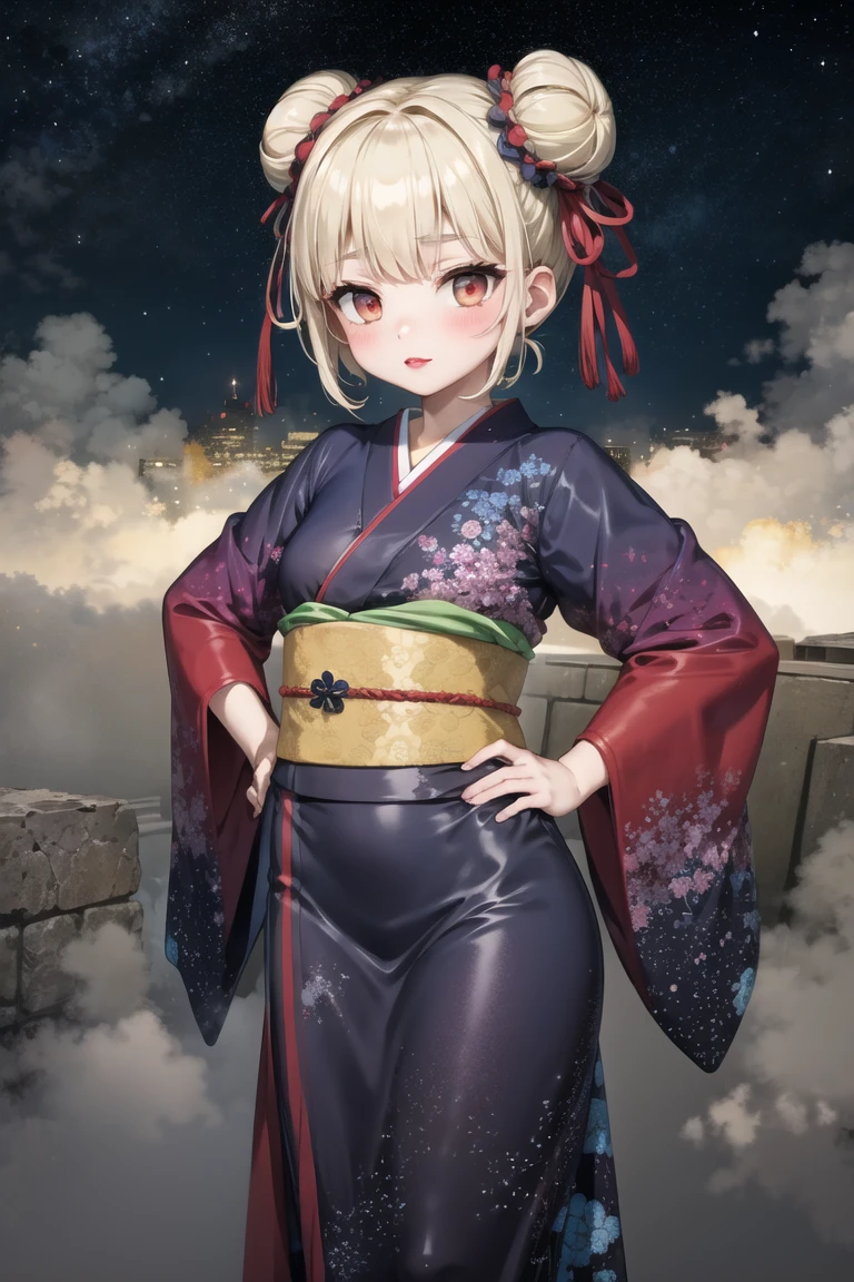 (masterpiece, best quality:1.2), 1girl, solo, cowboy shot,
on top of a building, at night, (heavy fog:1.3) and bright stars,
wearing a kimono,  hands on hips, 
lipstick, eyeshadow, (short hair:1.1), (double bun hair:1.1), (oily skin:1.1), 
<lora:hyouju_issei-10:0.7:lbw=ALL>