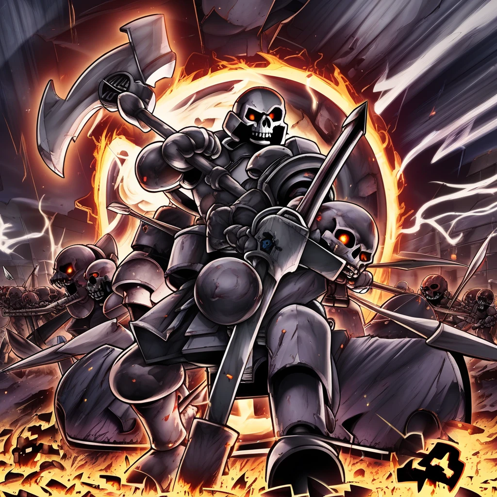 arrows, glowing eyes, shatter ground, fire, ancientgear, bow (weapon), skull, factory, sun, soldier, clean metal plate armor, gear mouth, magic, holding axe, vehicle focus, fragments, glow weak, bomb, pokemon (creature), multiple head, sparks