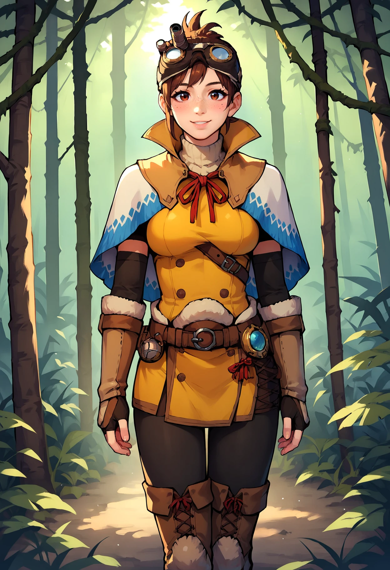 score_9, score_8_up, score_7_up, score_6_up, score_5_up, score_4_up, rating_safe, 1girl, breasts, solo, MHWHandler, looking at viewer, blush, smile, jungle forest, huge trees, brown hair, freckles, HandlerDefaultOutfit, goggles on head, capelet, black pants, yellow vest, brown boots, fingerless gloves
<lora:The_Handler_Monster_Hunter_World_PONY:0.8> <lora:add-detail-xl:3>