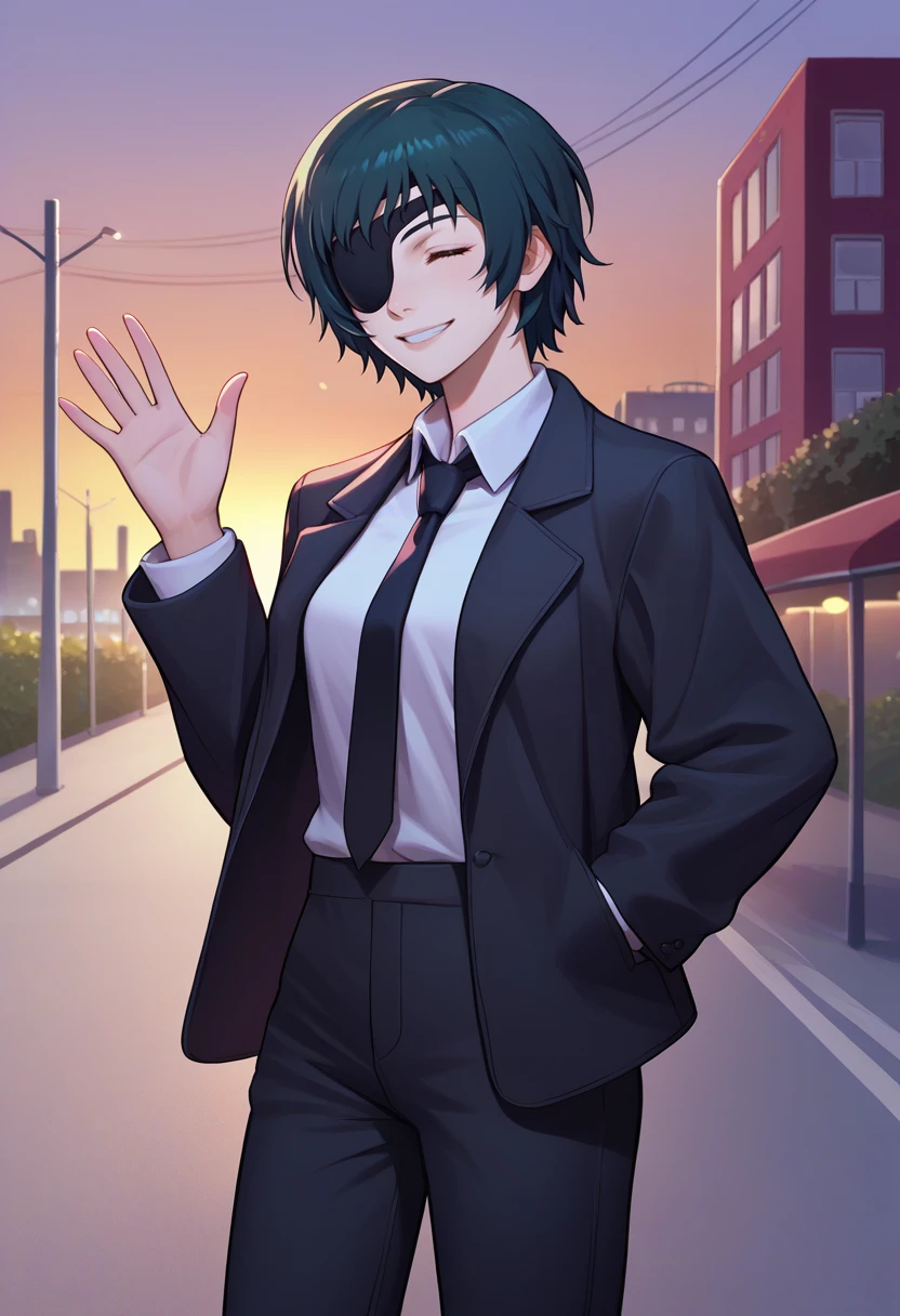 score_9, score_8_up, score_7_up, source_anime, solo, 1girl, csmhimeno, grin, looking at viewer, standing, waving, closed eyes, eyepatch, formal, black jacket, suit jacket, open jacket, long sleeves, white shirt, collared shirt, shirt tucked in, black necktie, black pants, sunset, outdoors, city street <lora:csm_himeno_ponyXL:1>