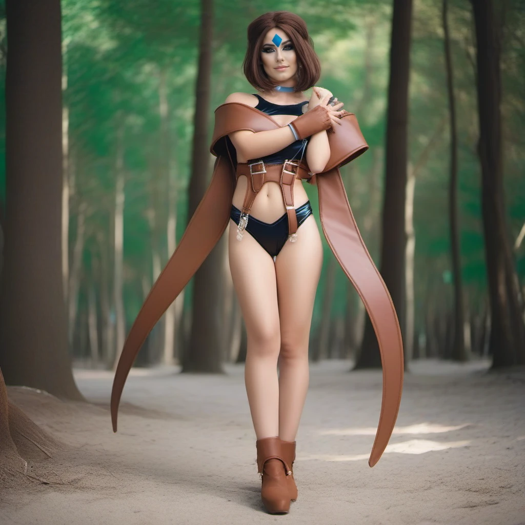 cinematic photo a woman in a cosplay outfit, brown hair, large breast, a large brown belt, ((black bikini)), blue face paint, forest, beach <lora:Peroth1024:0.8> . 35mm photograph, film, bokeh, professional, 4k, highly detailed