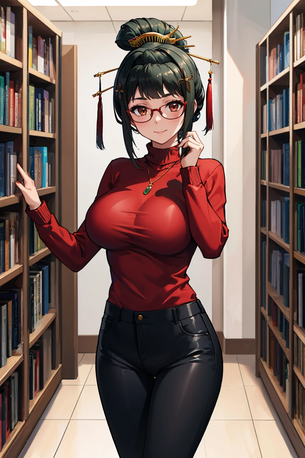 masterpiece, best quality, 1girl, <lora:hanying-nvwls-v1-000009:0.9> hanying, single hair bun, hair stick, hair ornament, red sweater, turtleneck, black pants, glasses, smile, library, looking at viewer, large breasts