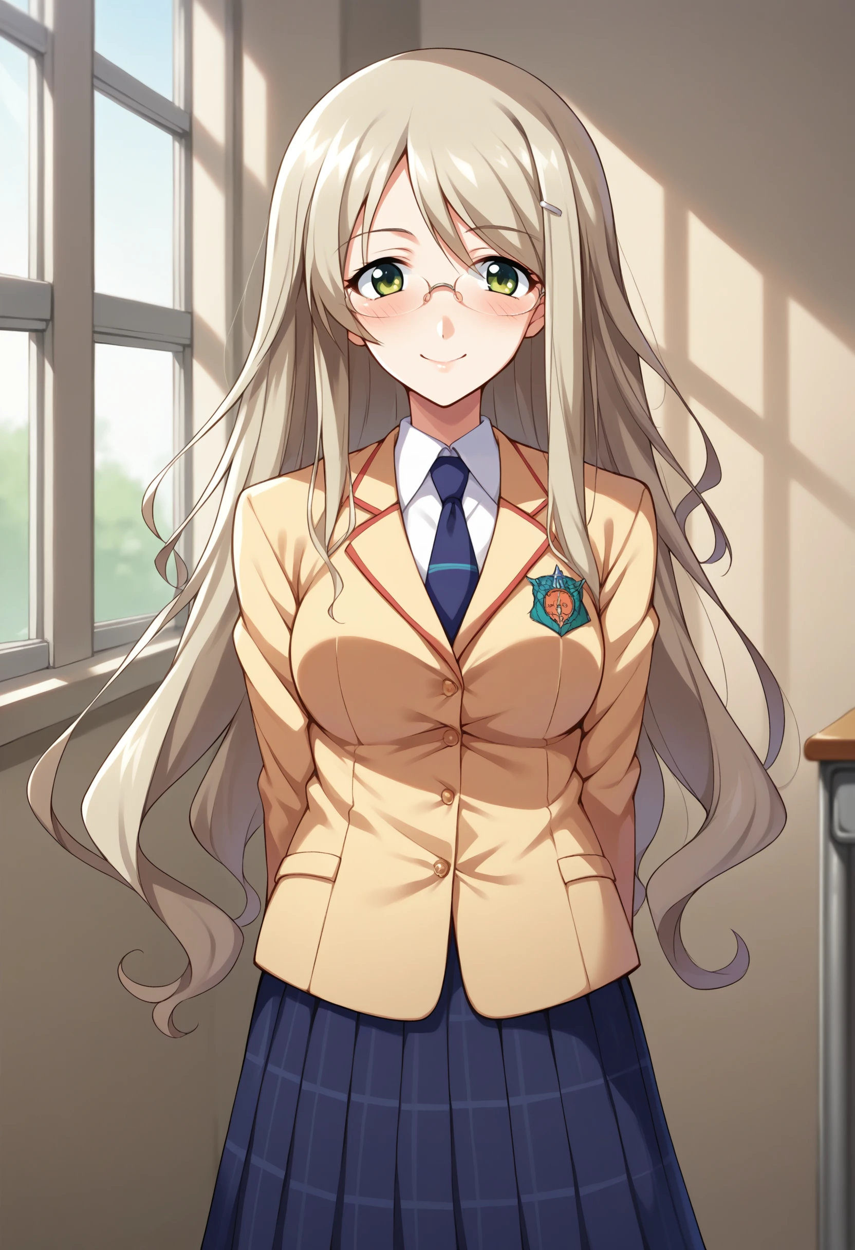score_9, score_8_up, source_anime, 1girl, solo, KusunokiYua, long hair, glasses, hairclip, school uniform, blazer, necktie, plaid skirt, indoors, window, smile, blush, <lora:ChamYuaKusunokiPonyXL:1>