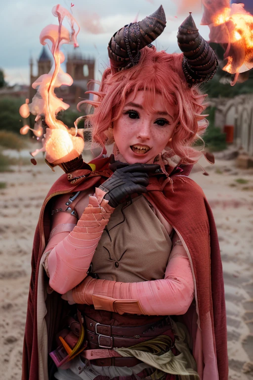 RAW photo, a photo of nixie with pink hair and horns on her head, throwing a ball of fire,red cape over her shoulders, detailed face, pale skin, slim body, background is city ruins, (high detailed skin:1.2), 8k uhd, dslr, soft lighting, high quality, film grain, Fujifilm XT3
<lora:nixie v1.1:1>