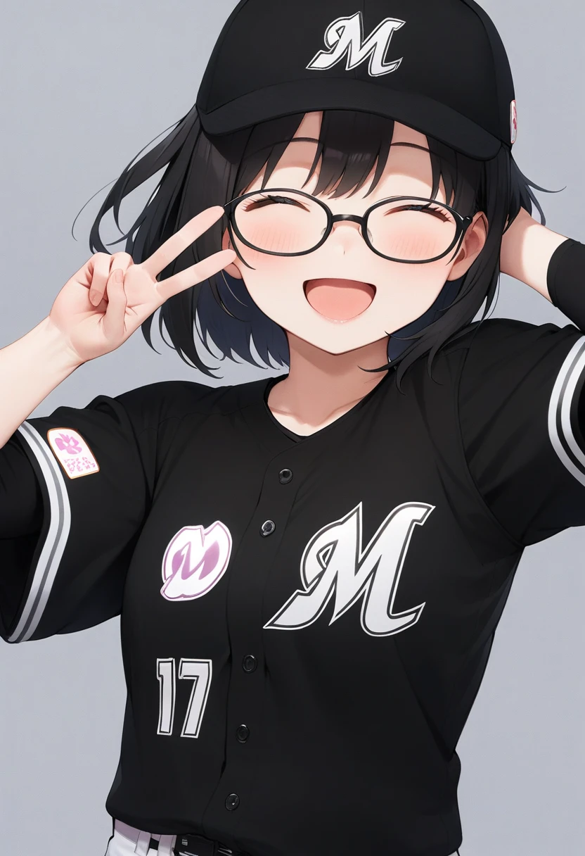 masterpiece, best quality, very aesthetic, absurdres,
1girl, solo, glasses, black hair, medium hair, happy, smile, v, closed eyes, open mouth, 
chibalotteV, baseball uniform, black shirt, baseball cap, black cap, grey background, simple background, upper body,
 <lora:ChibaLotteMarinesUniformV_SDXL_V1:1>