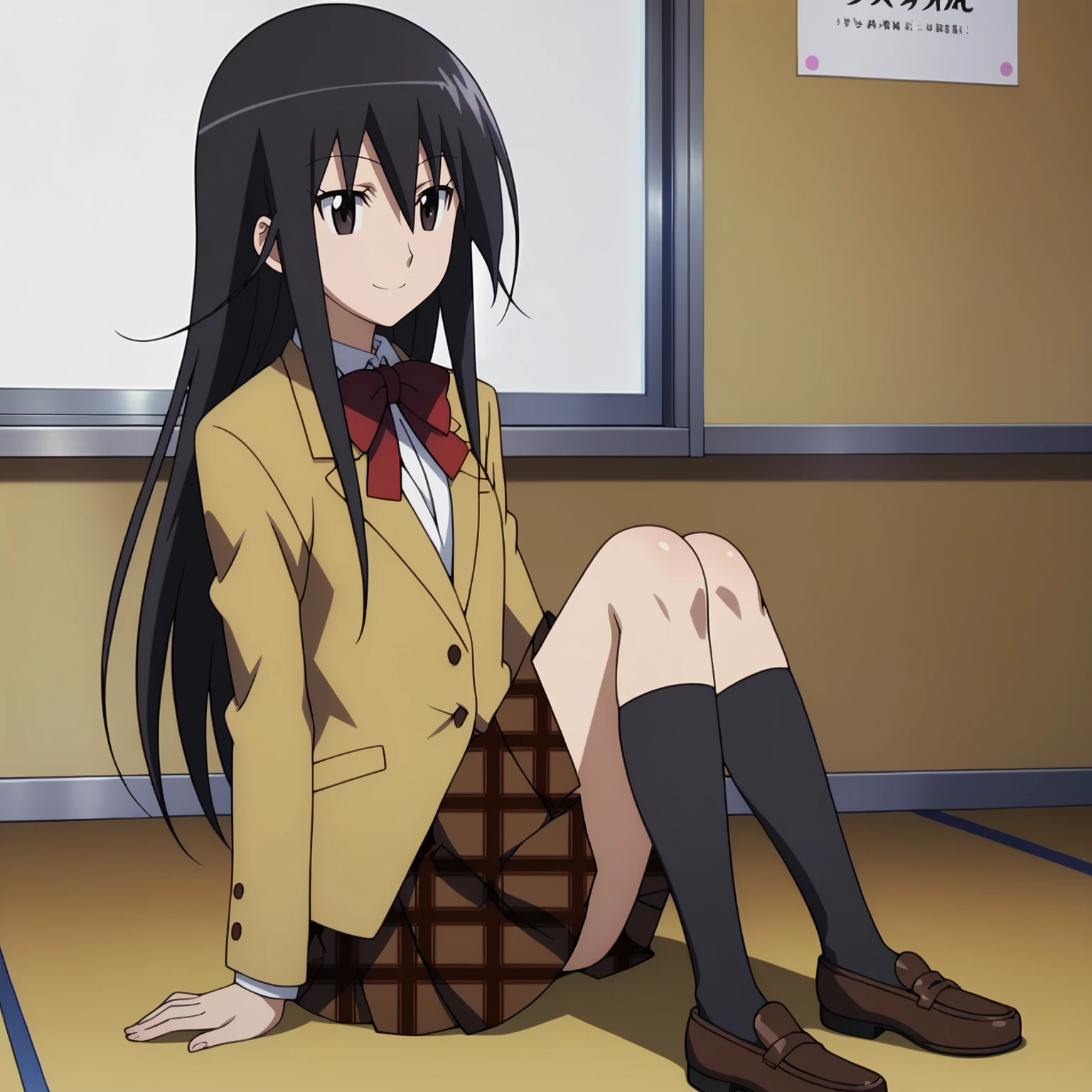 <lora:ShinoAmakusaXLpony001>,
smile,
solo,
ShinoAmakusa,1girl,black hair,long hair,black eyes,
school_uniform,bowtie,
plaid skirt,
black socks,
indoors,
full body,sitting,