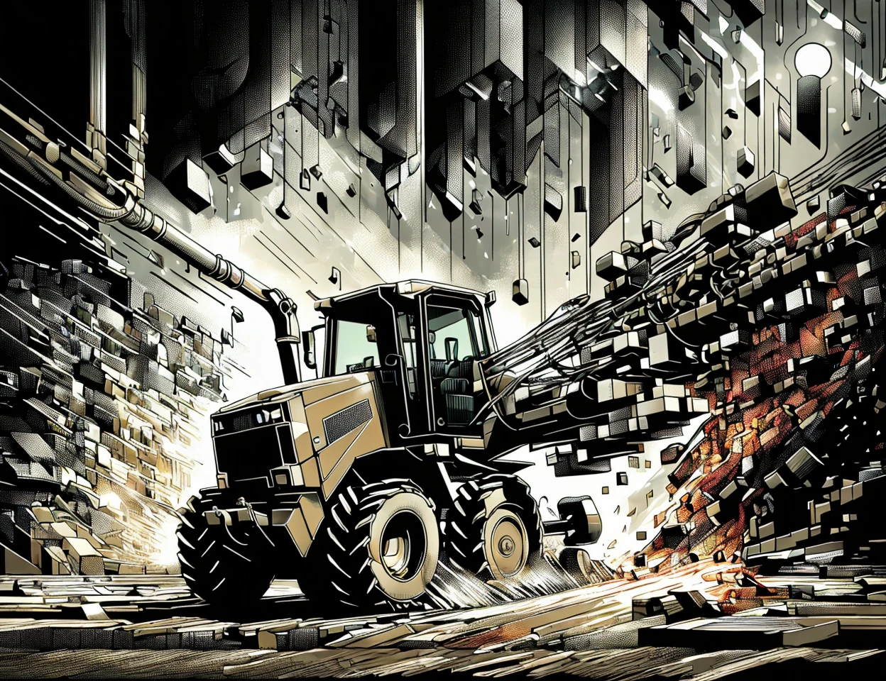 masterpiece, awesome quality, cinematic lighting, detailed, DonMFr4ctur3dD1ff backhoe loader, escapements,coaxial cables,regulatory compliance marks,pallet forks, basketweave, studded , candyland <lora:DonMFr4ctur3dD1ff:1>