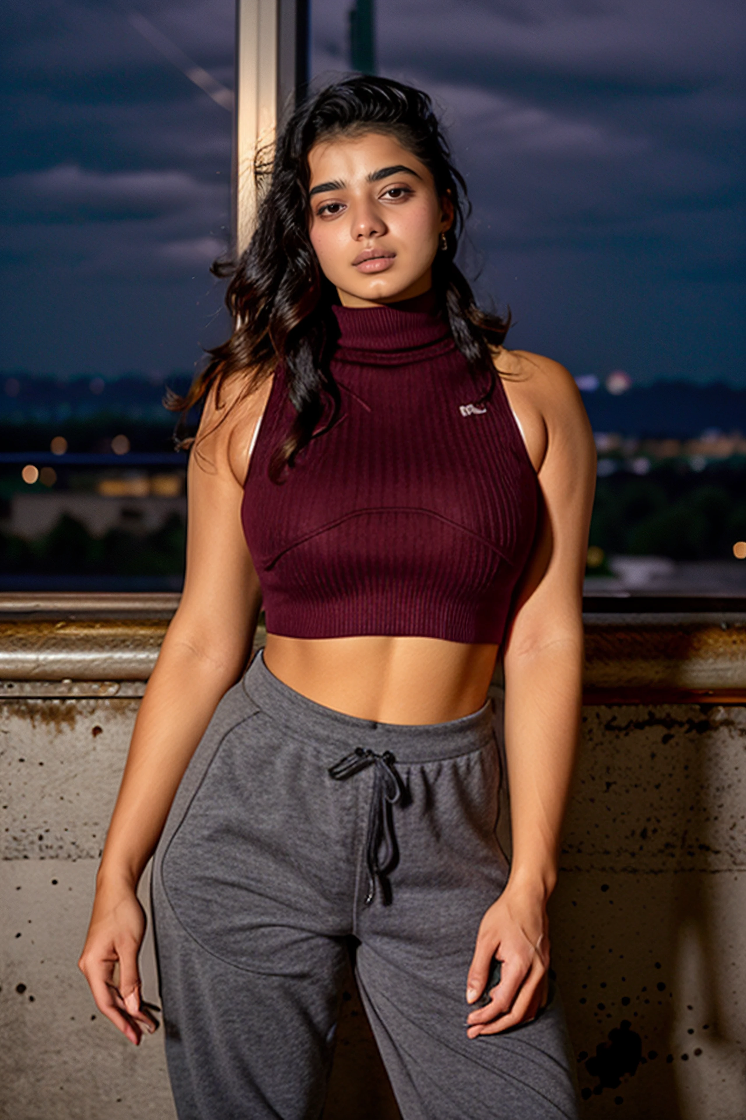 portrait photo of a 25-year-old ktka woman, headshot, conservatively dressed in Maroon turtleneck tanktop and gray sweatpants,  solo, night time, city lights bokeh     <lora:ktka_Ketika_Sharma_SD15_LoRA_prodigy_local_regs_50epochs-000040:1>