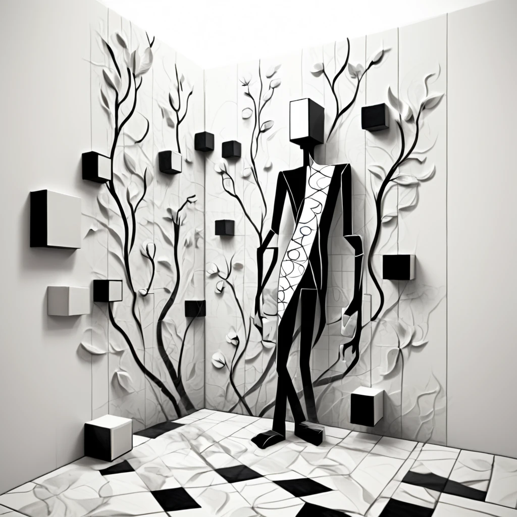 carved relief, 3d, sculpture, exquisite, black and white, elegant, minimal, decadence, beautiful,willow and tulip, clouds, water, flowers, roots and trunk entertwined, repeating pattern, tiled, bathroom walls
 <lora:artfullyWHIMSICAL_SDXL_V1:1>, artwhmscl
abstract sketch of a whimsical cartoon male illusionary geometric abstractionists, with transparent layers, on a white background, using lines and cubes, in the style of a sketching style, as digital art, with high resolution, without shadows, with a simple composition, of a modern design, with clean lines, with high contrast, using a monochromatic color scheme, with a depth of field effect, using perspective effects, with technical drawing elements, conceptualizing a theme based on the subject