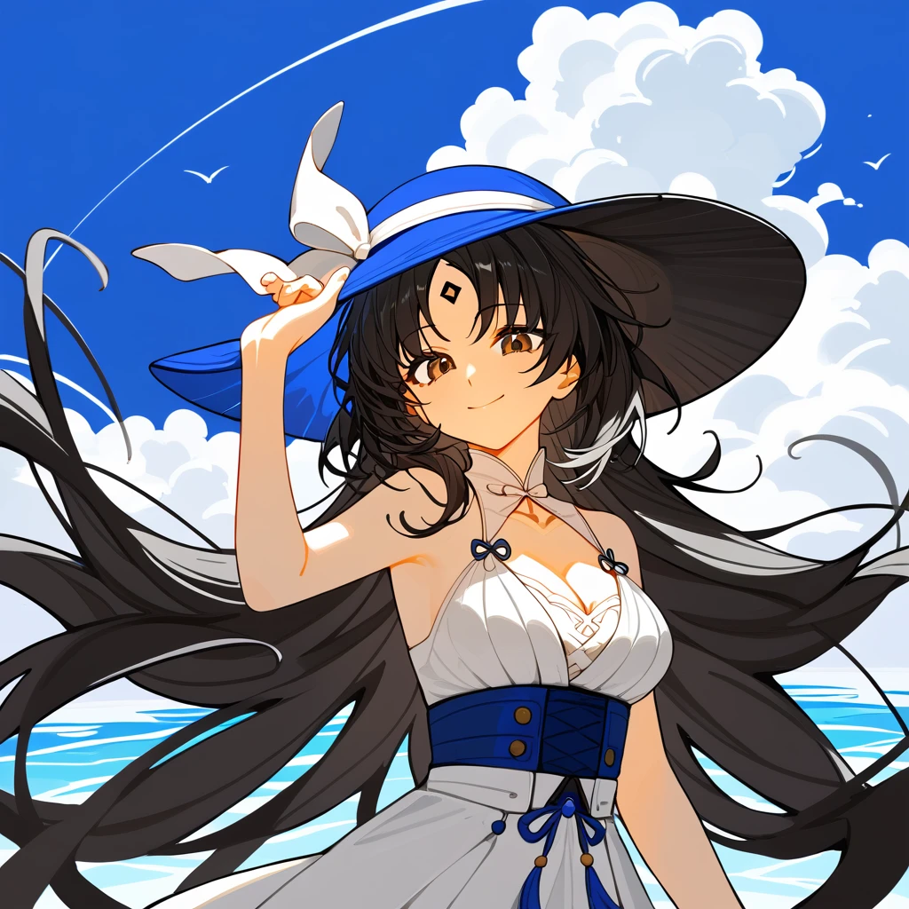 1girl,
yangyang \(wuthering waves\),
solo, rating safe, outdoors, white bow, brown eyes, hair intakes, medium breasts, white dress, facial mark, cloud, day, closed mouth, hat, very long hair, floating hair, long hair, blue hat, black hair, sky, cleavage, bare shoulders, hand up, sun hat, blue sky, dress, upper body, breasts, hair bow, forehead mark, bow, smile,
masterpiece, best quality
<lora:mki-pony-yangyang-v2:1>