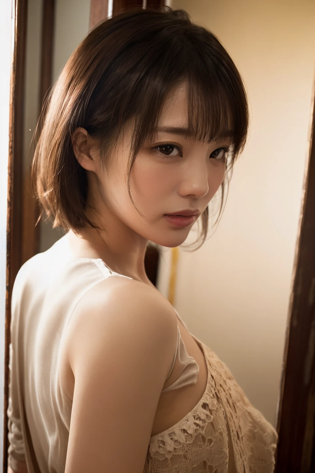 <lora:airi321:1>,masterpiece,best quality,1girl,solo,realistic,photorealistic,ultra detailed,looking to the viewer,upper body,airi suzumura,brown hair,changing room,Lens Flare,