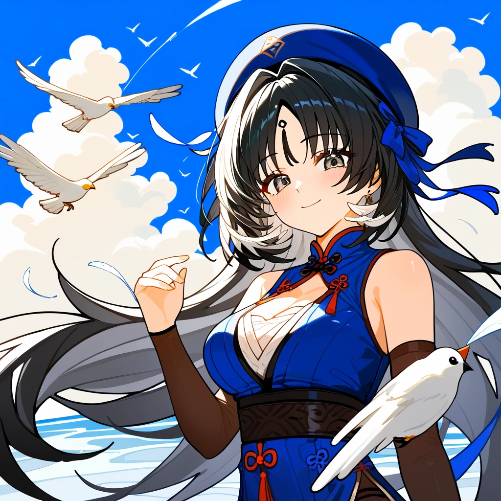 1girl,
yangyang \(wuthering waves\),
solo, rating safe, outdoors, blue hat, long hair, blush, ribbon, feathers, upper body, white feathers, cleavage, bird, detached sleeves, looking at viewer, white bird, hand up, closed mouth, smile, hair ribbon, breasts, dove, sky, cloud, hat, blue ribbon, medium breasts, black hair, grey eyes, beret, blue sky, chinese clothes,
masterpiece, best quality
<lora:mki-pony-yangyang-v2:1>