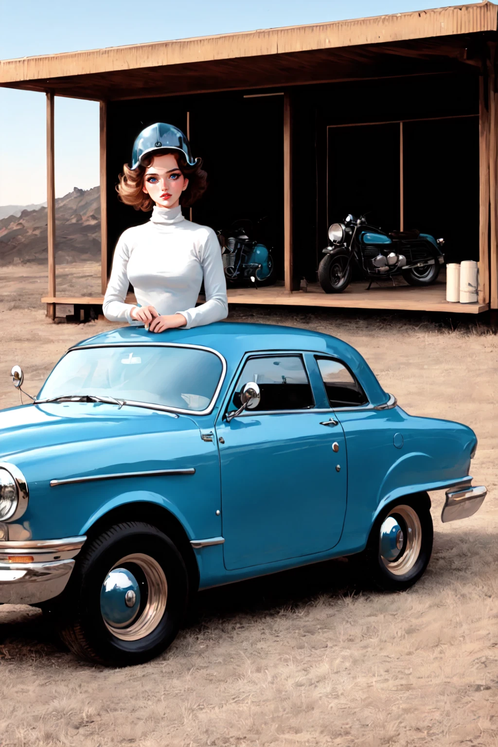 njmjzkz, 1girl, solo, helmet, realistic, ground vehicle, motor vehicle, turtleneck, blue eyes, lips, car, looking at viewer, retro furturism, 1950s style,, <lora:Niji_vs_Midjourney_for_SD_1.5:0.5>