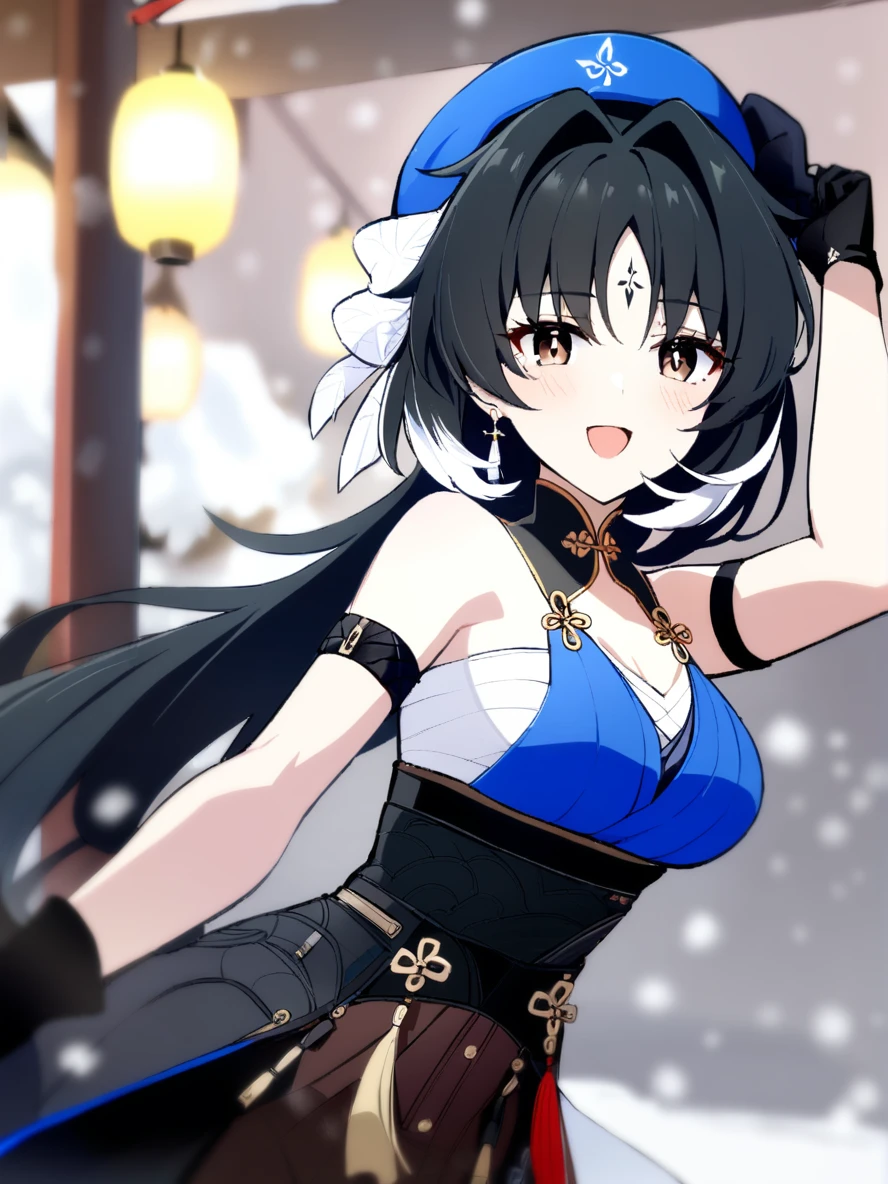 1girl,
yangyang \(wuthering waves\),
solo, outdoors, open mouth, brown eyes, chinese clothes, upper body, white shirt, hair between eyes, hair intakes, parted bangs, blush, :d, black hair, hat, blurry background, arm strap, long hair, bare shoulders, smile, blue hat, snow, looking at viewer, blurry, shirt, gloves, black gloves, tassel, arm up, snowing, ribbon, hair ribbon,
masterpiece, best quality, safe
<lora:mki-ani3-yangyang-v3:1>