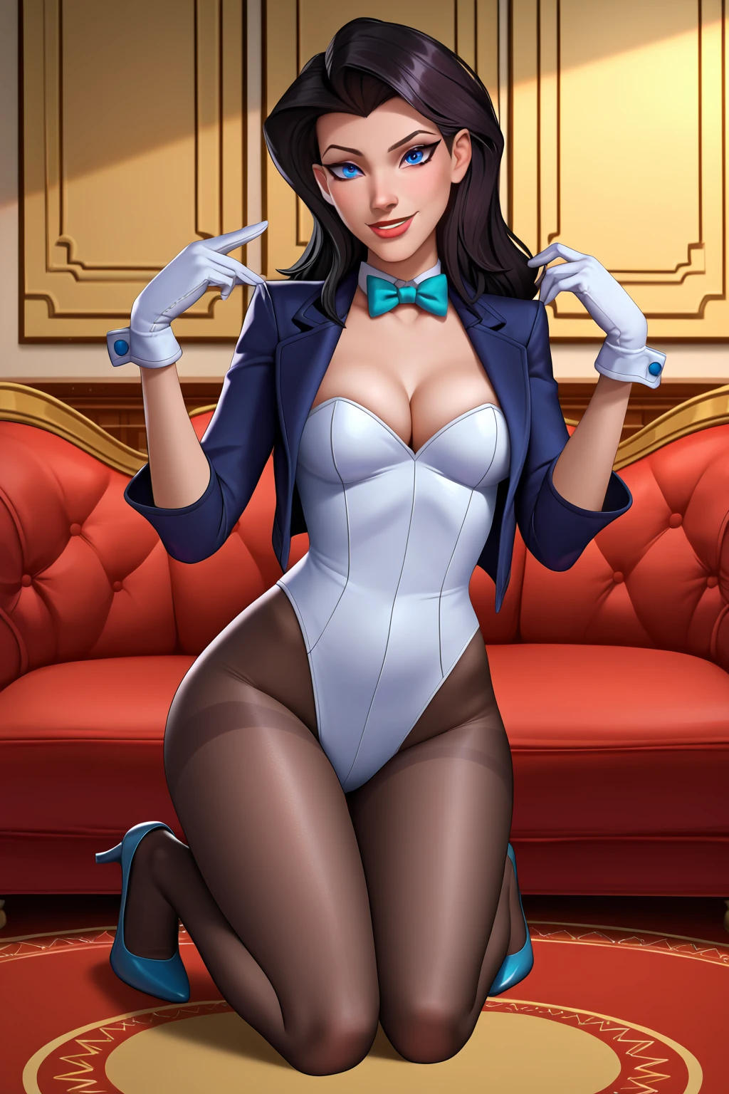 source_cartoon, source_anime, score_9, score_8_up, score_7_up, ((zPDXL2)), <lora:add-detail-xl:3> BREAK <lora:Zatanna_-_Young_Justice:0.8> zatanna, black hair, blue eyes, (looking at viewer), solo, raised eyebrow, flirty smile, lipstick, bowtie, cleavage, breasts, black magician jacket, leotard, pantyhose, white gloves, heels, indoors
